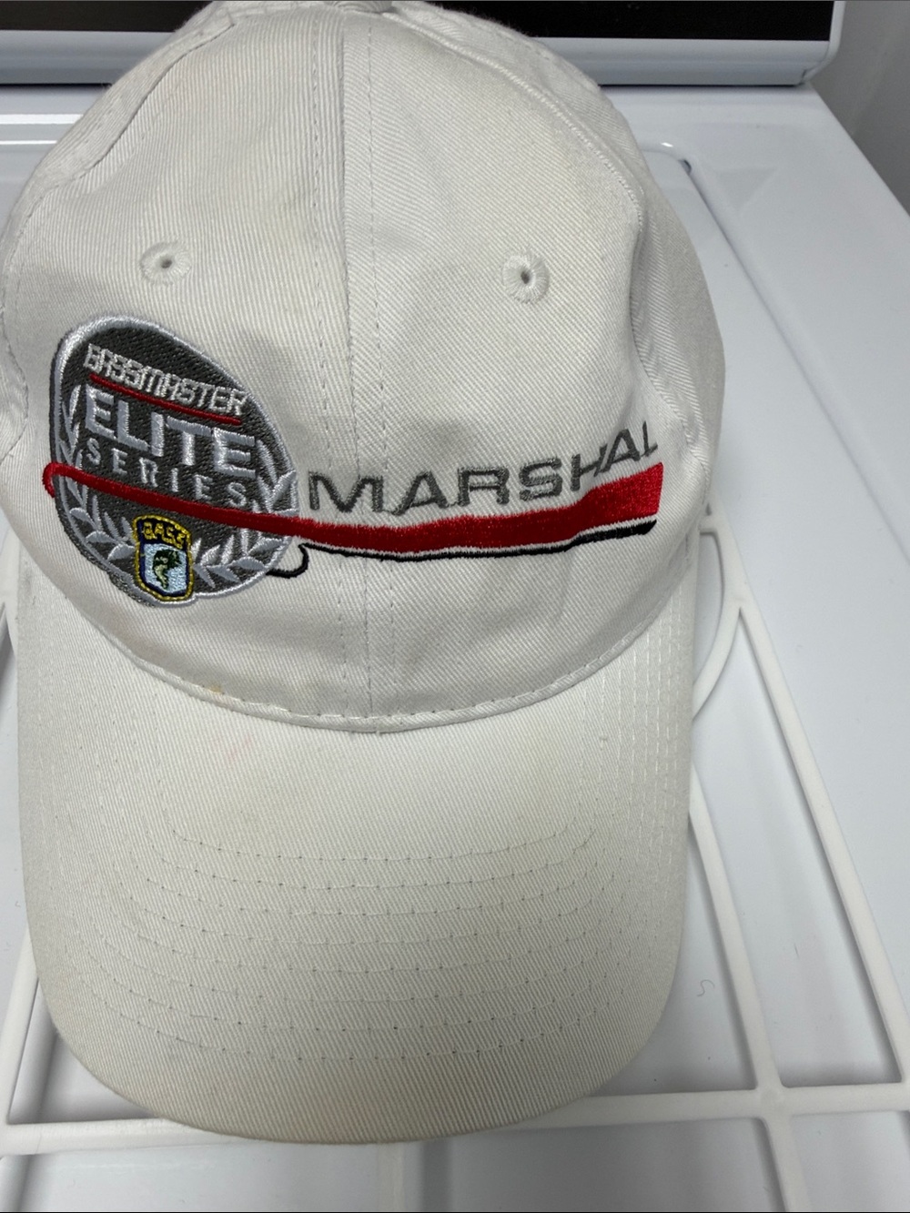 Bass Pro Shops Marshall White Baseball Cap with Red and Black Accents